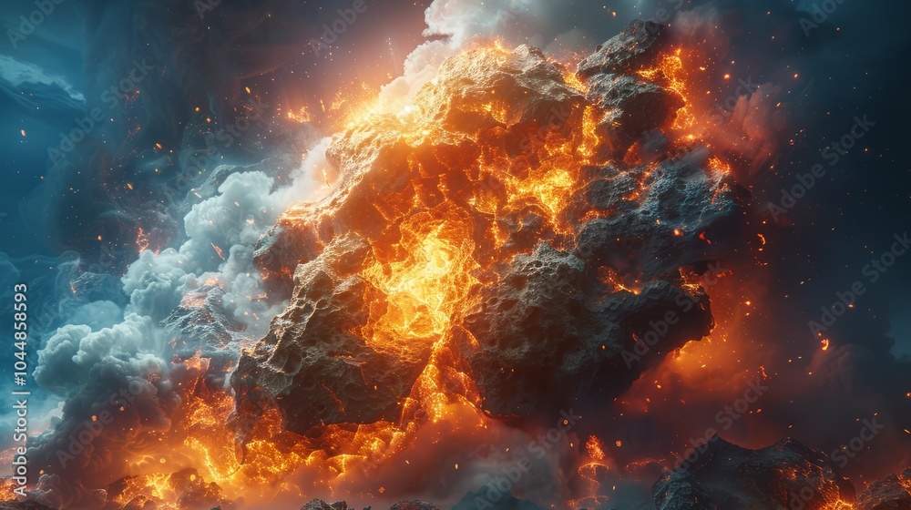 A large asteroid engulfed in flames falls through a dark sky filled with smoke and sparks A large asteroid engulfed in flames falls through a dark sky filled with smoke and sparks