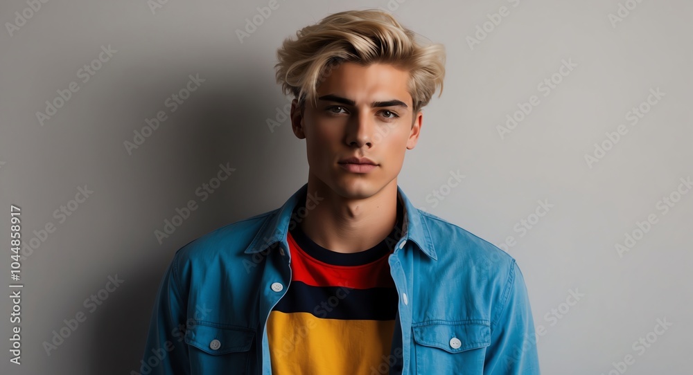 blonde young man nerd casual bright background wearing fashion portrait blonde young man nerd casual bright background wearing fashion portrait