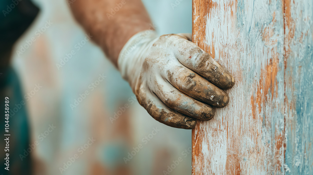 A close-up view of a worker's hand wearing a glove, gripping a wooden surface with weathered paint. The image captures the essence of craftsmanship. A close-up view of a worker's hand wearing a glove, gripping a wooden surface with weathered paint. The image captures the essence of craftsmanship.