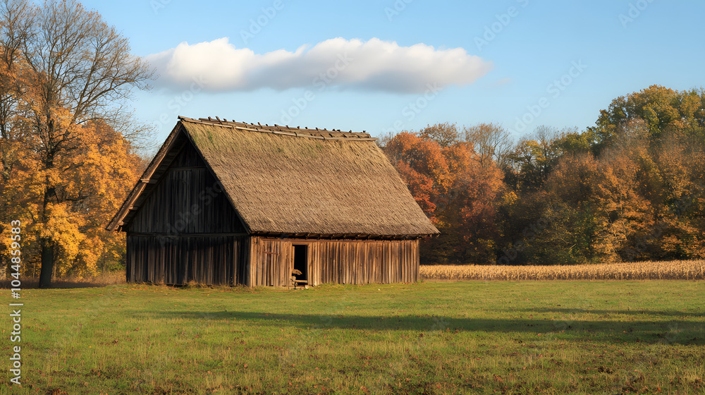 An old wooden harvest storage building with a thatched roof, nestled in a serene landscape during Thanksgiving. An old wooden harvest storage building with a thatched roof, nestled in a serene landscape during Thanksgiving.