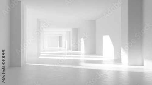 A 3D image of a white room, showing its shape and design without any details about what it's made of.
