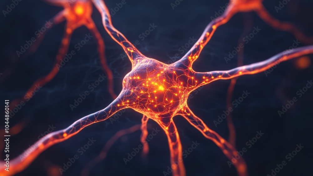 Close-up view of a neuron with glowing connections highlighting its intricate structure and function within the nervous system.