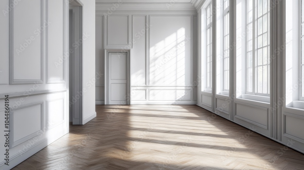 Fototapeta premium A bare, white room with wooden floors.