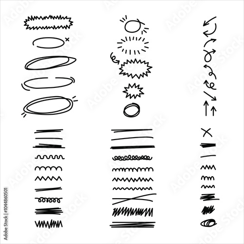 Scribble doodle underline emphasis line shape set. Hand drawn brush stroke elements