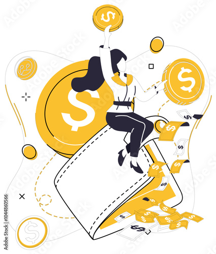 Savings account. A woman sits on an oversized wallet with coins and dollar bills. Ideal for financial growth, money management, budgeting, saving strategies, and financial security. Simple vector