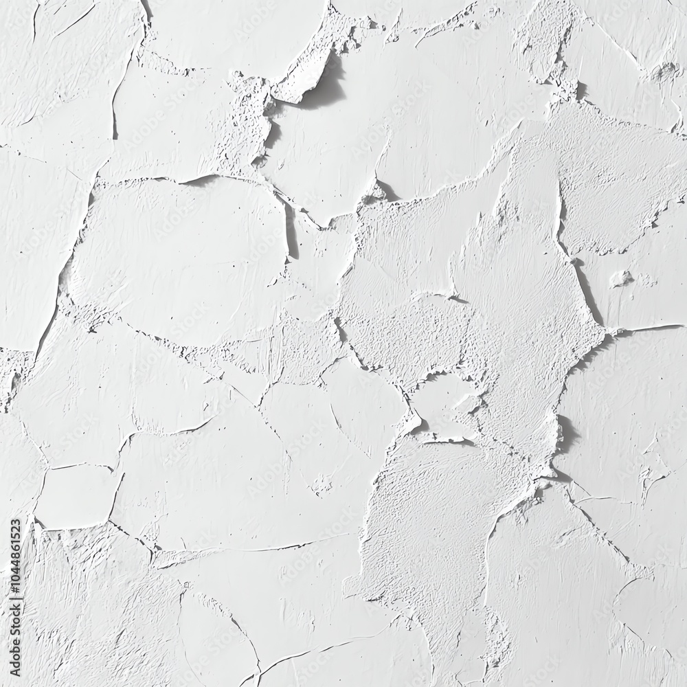 Fototapeta premium Textured white plaster wall surface with cracks and rugged details in minimal design.