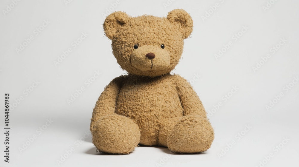 Obraz premium A brown teddy bear sits against a plain white backdrop.