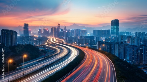 Vibrant Cityscape with Glowing Highways at Dusk