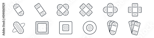 Medical patch and plaster editable stroke outline icons set isolated on white background flat vector illustration. Pixel perfect