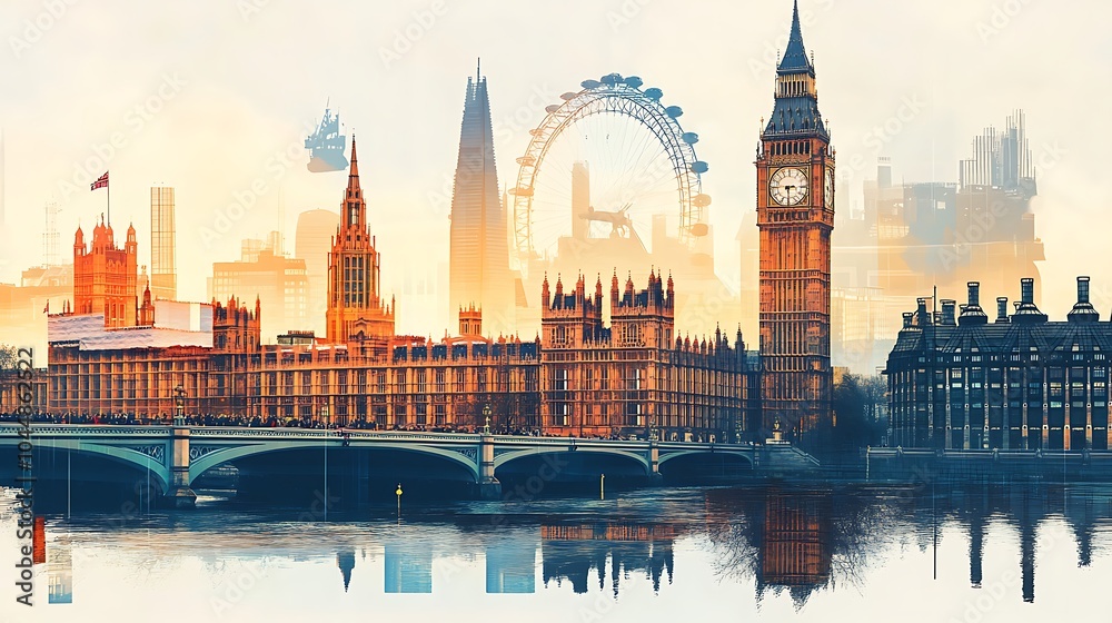Fototapeta premium London cityscape double exposure contemporary style minimalist artwork collage illustration design