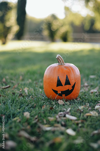 Halloween Pumpkin on Autumn Floor with Bokeh Effect