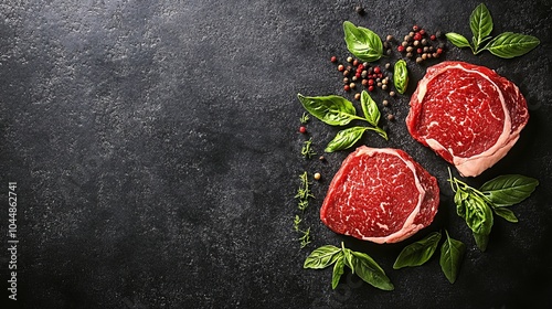 Two Raw Beef Steaks for Grilling with Herbs and Spices on a Black Background, Food Photography