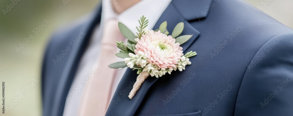 Elegant floral boutonniere adorned on a suit, perfect for weddings or formal events, showcasing natural beauty and sophistication. Elegant floral boutonniere adorned on a suit, perfect for weddings or formal events, showcasing natural beauty and sophistication.