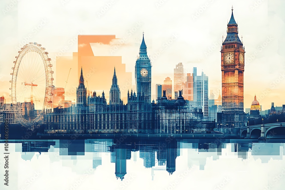 Naklejka premium London cityscape double exposure contemporary style minimalist artwork collage illustration design 