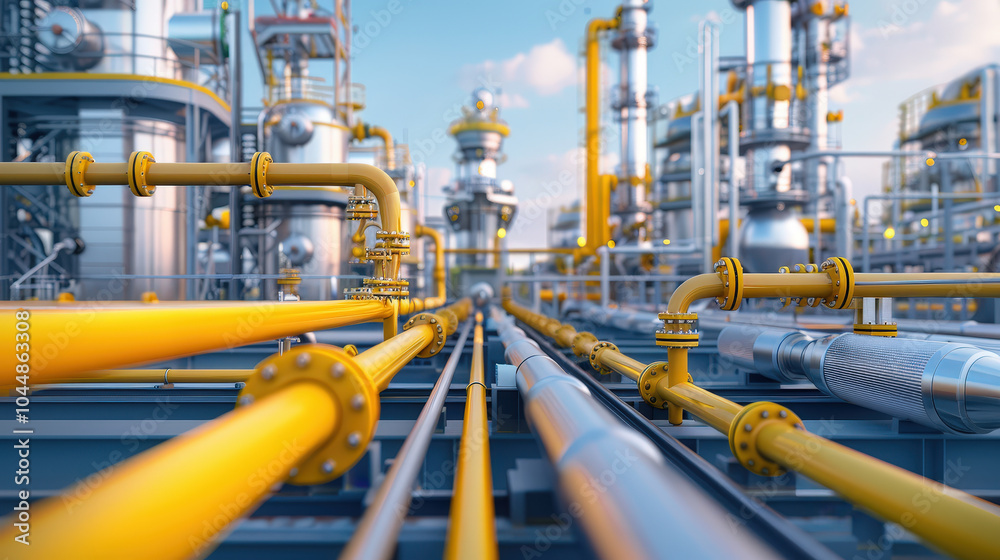 Modern industrial facility with yellow pipelines and machinery, showcasing advanced engineering and technology in vibrant setting Modern industrial facility with yellow pipelines and machinery, showcasing advanced engineering and technology in vibrant setting