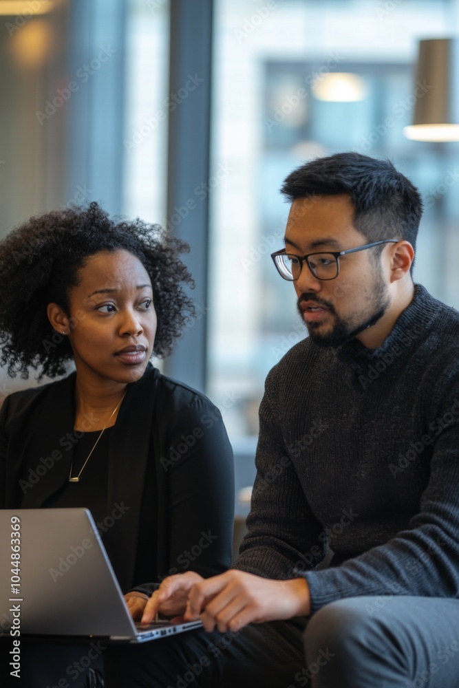 Collaborative coworkers discussing ideas over a laptop in a modern office, showcasing teamwork and focused communication in a professional setting. Collaborative coworkers discussing ideas over a laptop in a modern office, showcasing teamwork and focused communication in a professional setting.