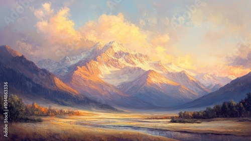 A beautiful dawn scene, with golden light on the mountain peaks and a sky filled with soft pastel hues. The tranquil landscape inspires serenity.