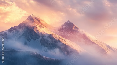 A beautiful dawn scene, with golden light on the mountain peaks and a sky filled with soft pastel hues. The tranquil landscape inspires serenity.