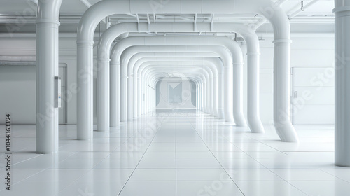 modern industrial interior featuring long corridor with white pipes and clean, minimalist design. bright, spacious environment conveys sense of innovation and efficiency