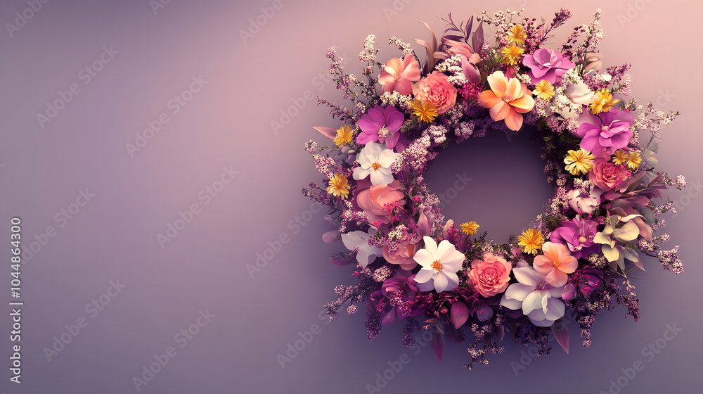 A beautiful floral wreath made of seasonal flowers, perfect for decoration during festive celebrations. A beautiful floral wreath made of seasonal flowers, perfect for decoration during festive celebrations.