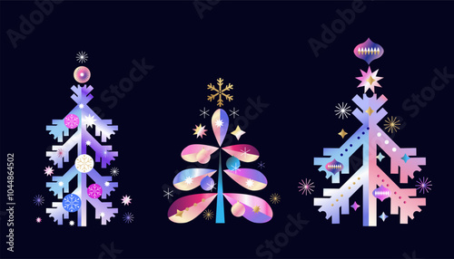 Merry Christmas and Happy New Year 2025  flat icon collection Neon gradient holiday template set of christmas trees for christmas decor Modern Xmas vector illustration