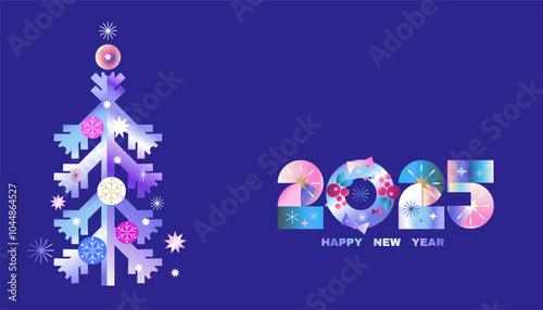 Merry Christmas and Happy New Year 2025  holiday abstract background  template  neon gradient  bauhaus design with Gifts,  ball toy, christmas tree,  Modern Xmas flat  vector illustration