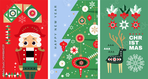 Merry Christmas and Happy New Year  holiday abstract background  template set cards  design with Gifts,  ball toy, christmas tree,  garland  Modern Xmas flat  vector illustration
