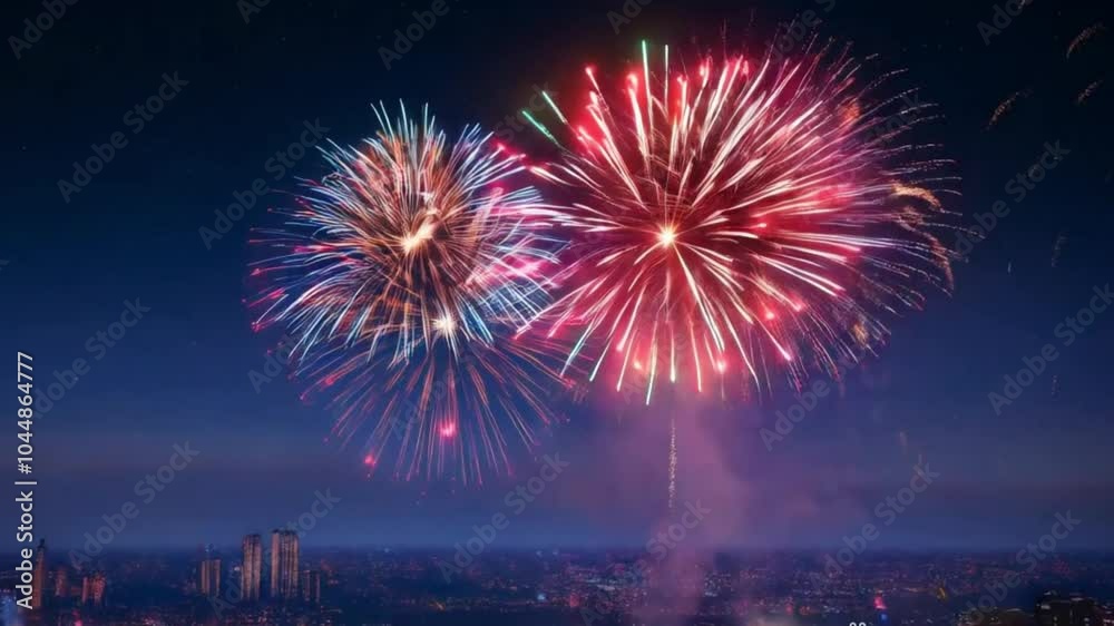 CG Animated Background Featuring Bright Fireworks Exploding in the Night Sky for Holiday Celebrations CG Animated Background Featuring Bright Fireworks Exploding in the Night Sky for Holiday Celebrations