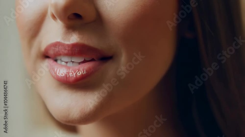 close up portrait of a woman smiling and talking with I Love You tattoo on the lips