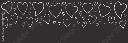 Hand drawn Valentines heart with chalk, crayon, grunge texture banner. Vector stoke illustration isolated on black background for decoration template wedding greeting card, invitation, menu.