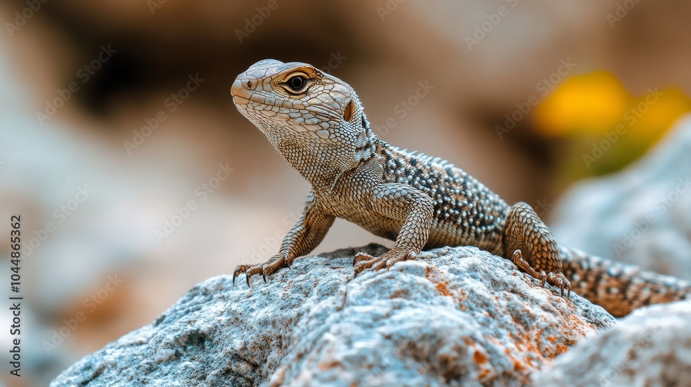 This image showcases a detailed lizard basking on rugged rocks, beautifully capturing its textured scales in a serene natural setting with a blurred background. This image showcases a detailed lizard basking on rugged rocks, beautifully capturing its textured scales in a serene natural setting with a blurred background.