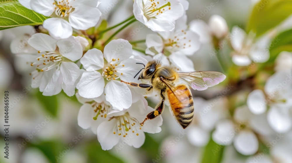 Bee Pollinating White Blossom Flowers in Spring Bee Pollinating White Blossom Flowers in Spring