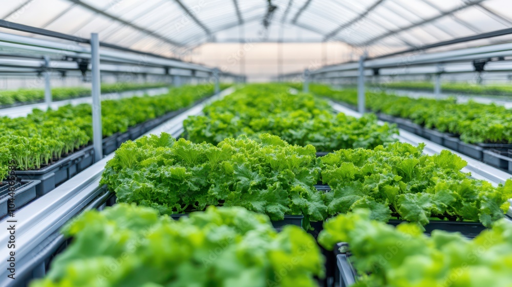 Lush green lettuce growing in a modern greenhouse, showcasing vibrant rows of healthy crops cultivated for fresh produce. Lush green lettuce growing in a modern greenhouse, showcasing vibrant rows of healthy crops cultivated for fresh produce.