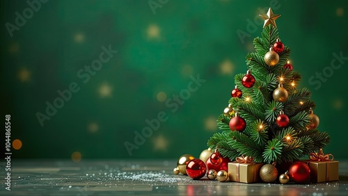 close-up banner of a Christmas tree on the right side decorated with gold and red balls and a yellow star, with golden gift boxes and christmas balls under the tree, green blur background