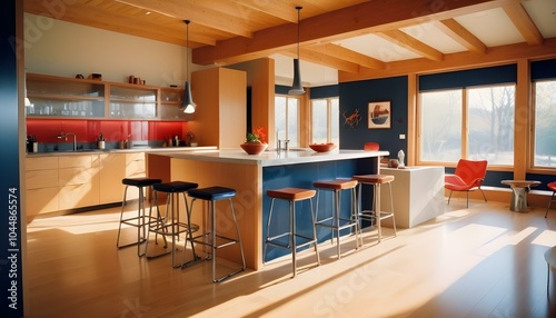 a sleek modern house interior featuring a combination of wood and metal elements, with exposed beams, industrial-style furniture, and a large kitchen island with high stools