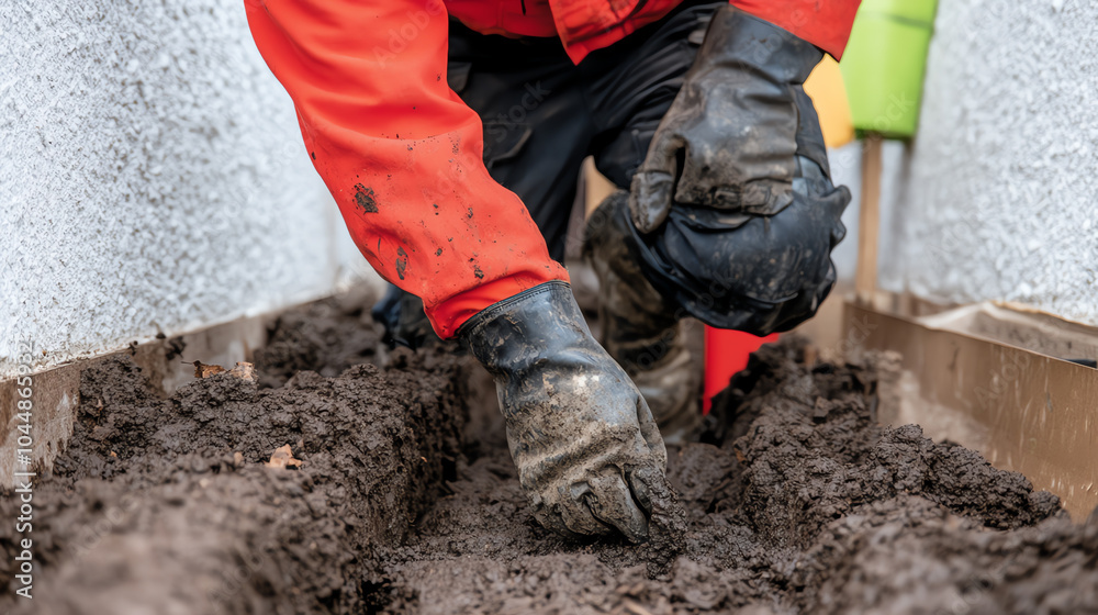 A person in a red jacket using gloves to dig in soil, showcasing gardening or landscaping techniques in a close-up action shot. A person in a red jacket using gloves to dig in soil, showcasing gardening or landscaping techniques in a close-up action shot.