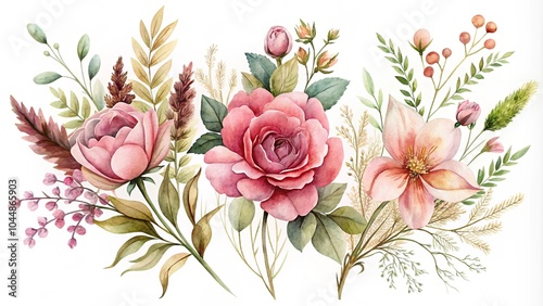 Floral vector collection. Flowers decoration of red and peach rose flowers, leaves, branches. Romantic botanic elements for wedding or greeting card design. pink watercolor arrangements with flowers