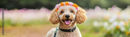 Poodle trotting happily through a blooming flower garden, soft morning light, ultrarealistic detail of fur, leash, and peaceful outdoor exercise photo