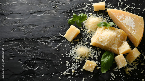 Whole and grated parmesan cheese on black table, flat lay. Space for text