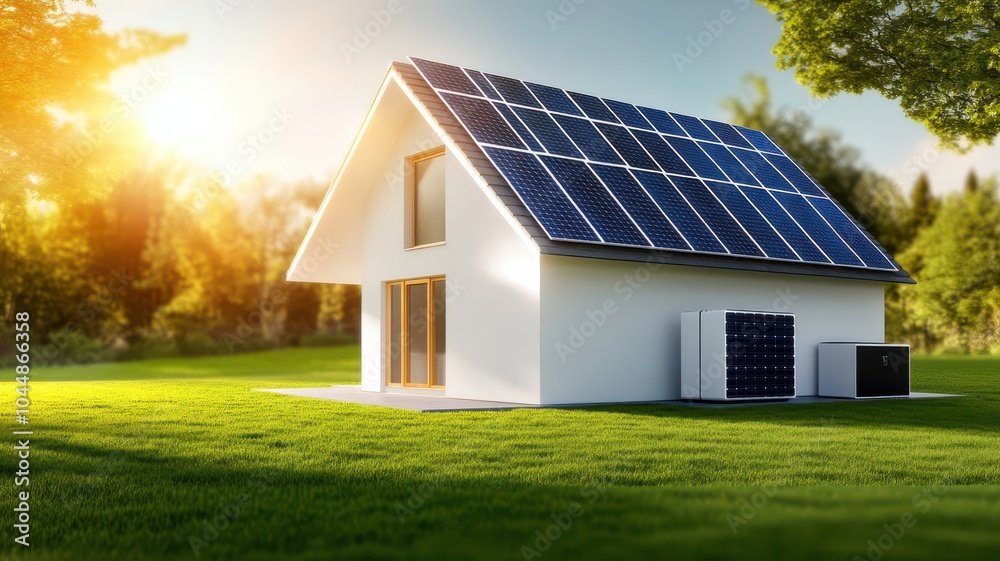 Modern house with solar panels, nestled in green yard, showcasing sustainable living and clean energy under a bright sun. Modern house with solar panels, nestled in green yard, showcasing sustainable living and clean energy under a bright sun.