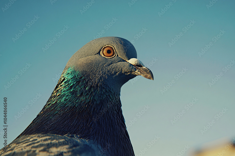 A pigeon captured in profile showing off its turquoise feathers and orange eye set against a softly lit blue background
A pigeon captured in profile showing off its turquoise feathers and orange eye set against a softly lit blue background