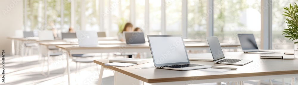 Modern office space with laptops on desks, featuring bright natural light and a minimalist design for a productive environment. Modern office space with laptops on desks, featuring bright natural light and a minimalist design for a productive environment.