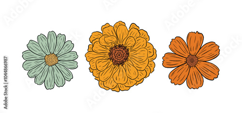 Retro Groovy Flower Set. Botanical vintage collection. Design for social media, packaging, Print on T-Shirts, Cards. Floral cliparts inspired by 70s Groovy Hippy. Doodle vector illustration isolated.