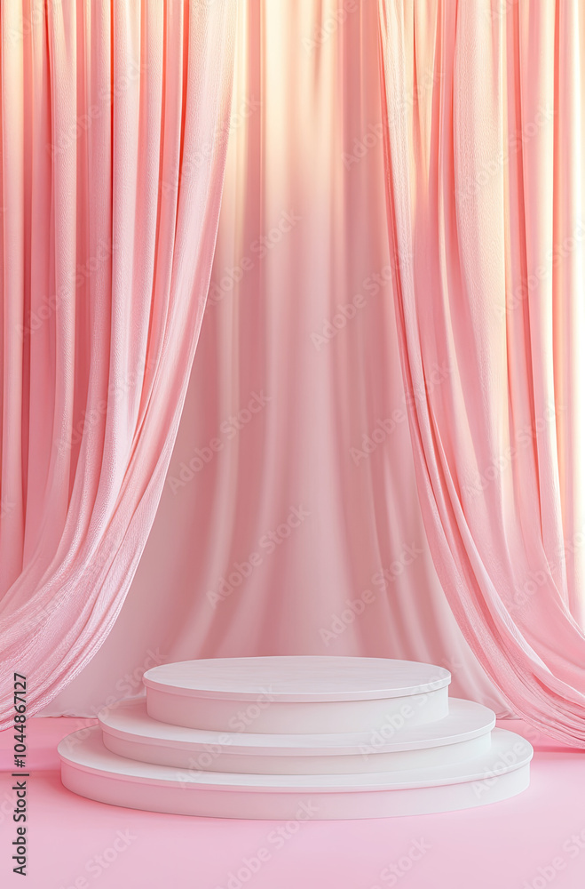 3D Rendered Podium Adorned with Light Blush Curtains 3D Rendered Podium Adorned with Light Blush Curtains