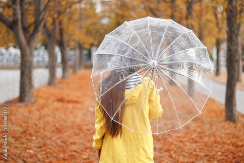 person clad bright yellow raincoat strolls down path covered vibrant autumn leaves. They hold clear umbrella seemingly enjoying light drizzle. trees with golden foliage mark transition seasons mood  photo