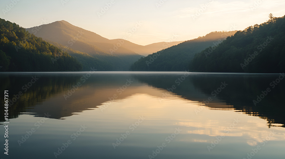 Fototapeta premium Serene Mountain Lake at Sunrise with Morning Light Reflecting on Calm Water and Lush Greenery