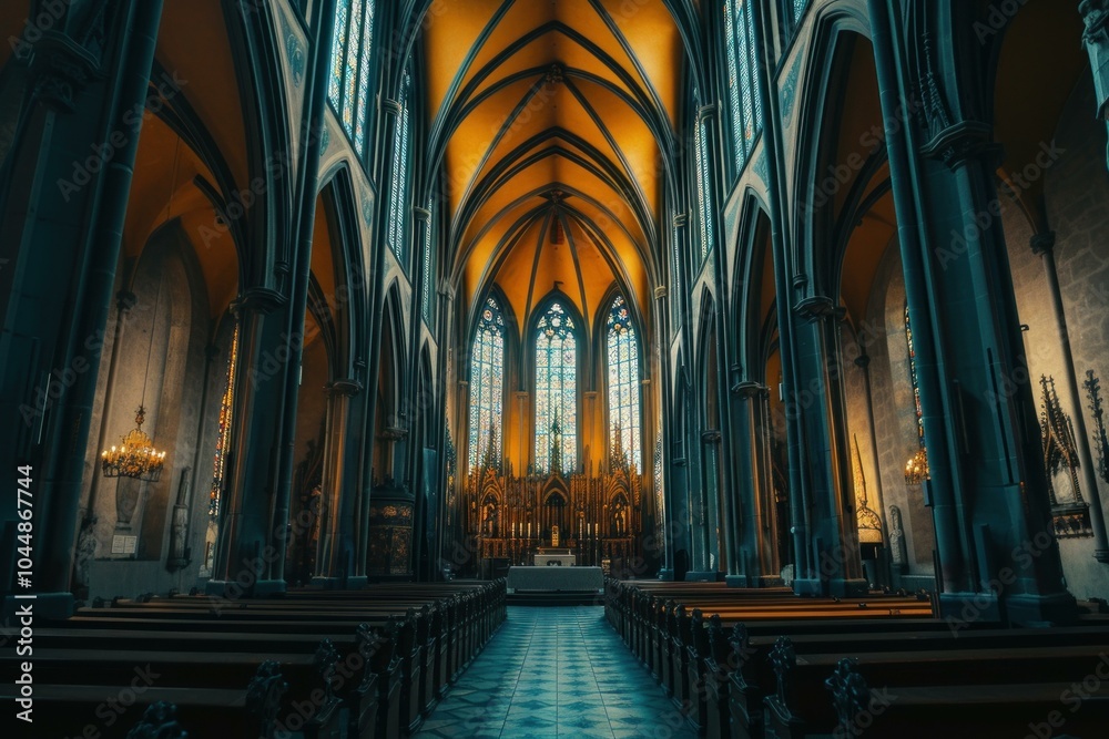 Fototapeta premium Evocative image capturing the serene beauty and architecture of a gothic cathedral interior during twilight