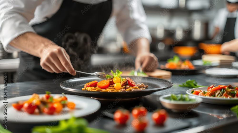 chef is carefully plating colorful dish with fresh ingredients, showcasing culinary artistry in modern kitchen. vibrant colors and attention to detail create inviting atmosphere