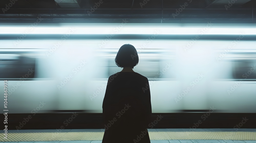 A woman in black stands on the platform of an empty subway station, with white and red stripes running across its side A woman in black stands on the platform of an empty subway station, with white and red stripes running across its side