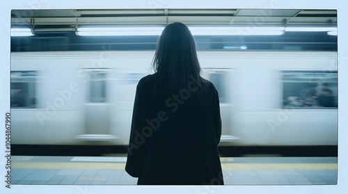 A woman in black stands on the platform of an empty subway station, with white and red stripes running across its side